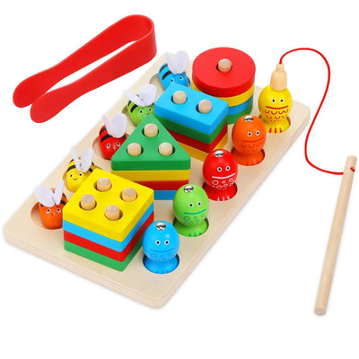 Fidtoy 3 in 1 Bee Clipping and Magnetic Fishing Four Column Shape Kit, Wooden Shape Sorting and Fine Motor Learning Toy Ages 2-6