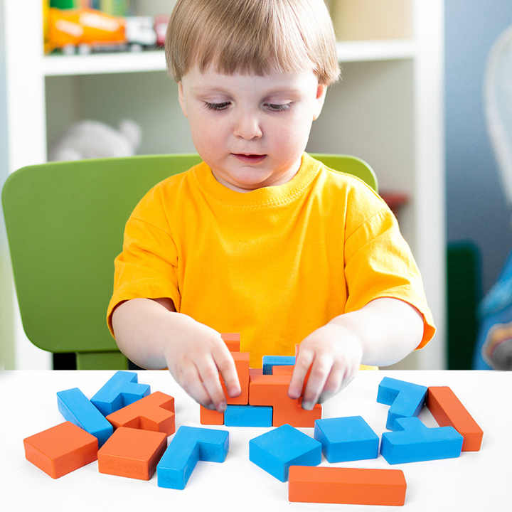 Fidtoy Shape Matching Cube Building Blocks for Kids Ages 3-8, Wooden Pattern Matching Puzzle Game with Orange and Blue Blocks, 54 Model Cards, Spatial Reasoning and Fine Motor Building Play