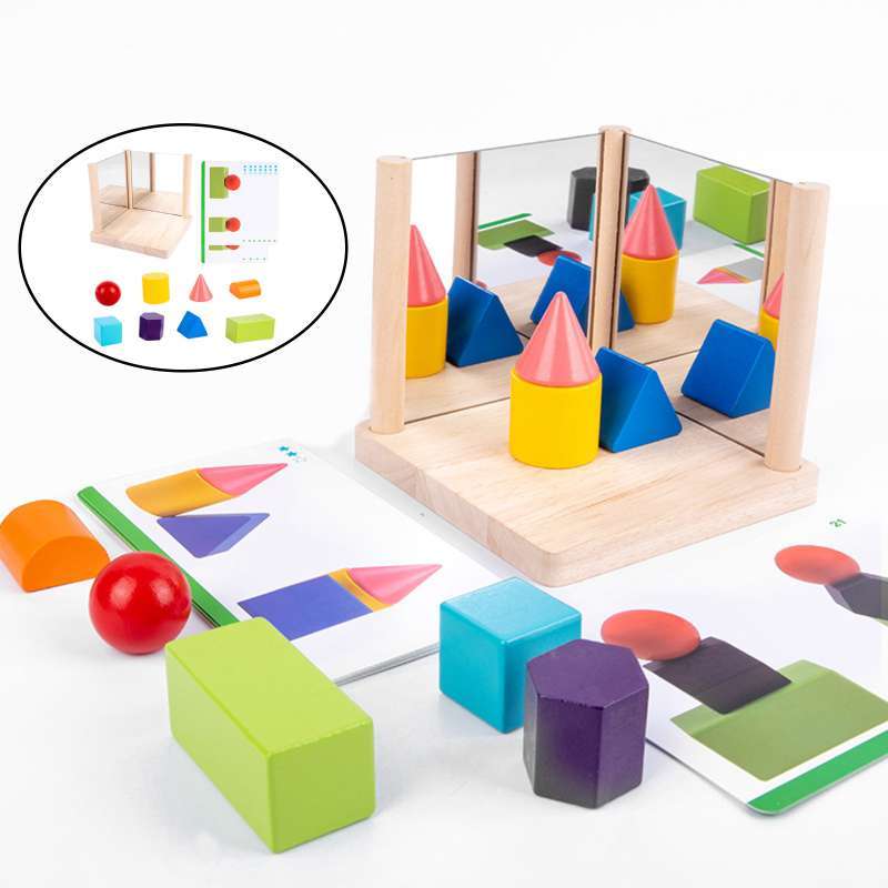 Fidtoy Mirror Wooden 3D Shape Pattern Blocks Montessori Geometry Puzzle Toy for Kids Spatial Learning Play
