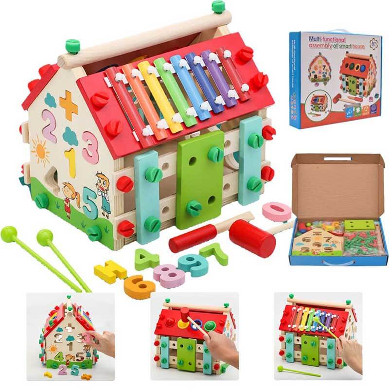 Fidtoy Wooden Activity Cube Montessori Busy House Toy for Toddlers Multi-Activity Learning