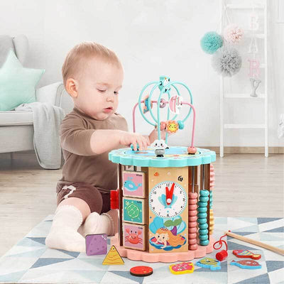 Fidtoy Cubo de actividades de madera 8 en 1 – Juguete de aprendizaje multi-actividad Montessori para niños pequeños