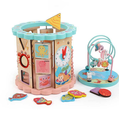 Fidtoy Cubo de actividades de madera 8 en 1 – Juguete de aprendizaje multi-actividad Montessori para niños pequeños