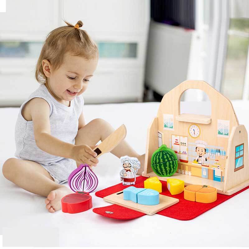 Fidtoy 2 in 1 Kitchen Bathroom Pretend Play Wooden Toy Set