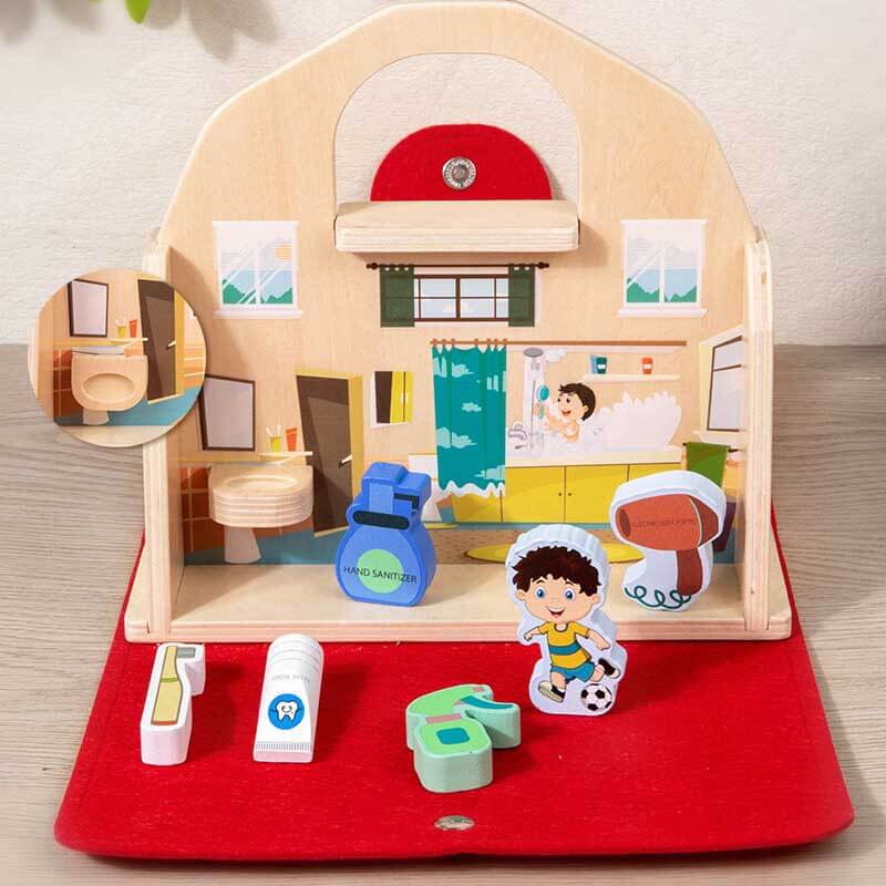 Fidtoy 2 in 1 Kitchen Bathroom Pretend Play Wooden Toy Set