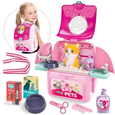 Fidtoy Juego de cuidado de mascotas para niños, mochila de juguete para juegos de simulación, set de aseo de gatos, juego de rol para niñas de 3, 4, 5, 6 años, juegos en casa