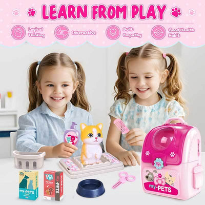 Fidtoy Juego de cuidado de mascotas para niños, mochila de juguete para juegos de simulación, set de aseo de gatos, juego de rol para niñas de 3, 4, 5, 6 años, juegos en casa