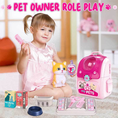 Fidtoy Juego de cuidado de mascotas para niños, mochila de juguete para juegos de simulación, set de aseo de gatos, juego de rol para niñas de 3, 4, 5, 6 años, juegos en casa