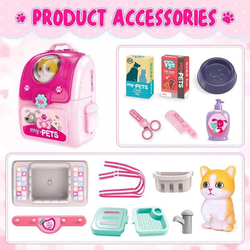 Fidtoy Juego de cuidado de mascotas para niños, mochila de juguete para juegos de simulación, set de aseo de gatos, juego de rol para niñas de 3, 4, 5, 6 años, juegos en casa