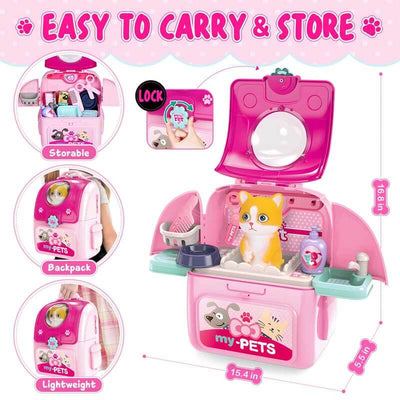 Fidtoy Juego de cuidado de mascotas para niños, mochila de juguete para juegos de simulación, set de aseo de gatos, juego de rol para niñas de 3, 4, 5, 6 años, juegos en casa