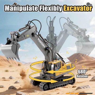 Fidtoy RC Excavator Toy Remote Control Construction Truck 11 Channel Digger with Metal Shovel Lights Sound STEM Toy for Kids Outdoor Play