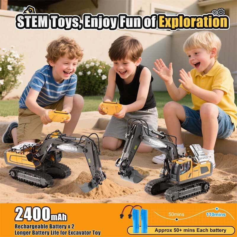 Fidtoy RC Excavator Toy Remote Control Construction Truck 11 Channel Digger with Metal Shovel Lights Sound STEM Toy for Kids Outdoor Play