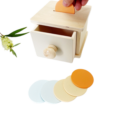 Boîte de permanence d'objet Montessori : tiroir et balle / pièces et tiroir