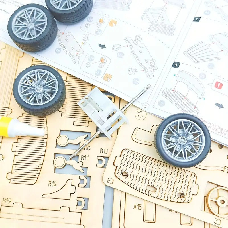 Fidtoy 3D Wooden Mechanical Supercar Pull Back Puzzle 114 Pieces, Wooden Car Model Building Kit for Teens and Puzzle Lovers Ages 14+