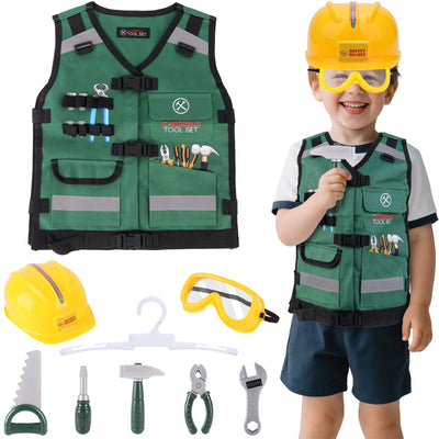 Juego de ropa de juego de rol de construcción, disfraz de juego de rol, chaleco de constructor realista, casco de seguridad, herramientas de juguete y accesorios, kit de juego de simulación STEM para niños y niñas de 3 años en adelante - Regalo de disfraz