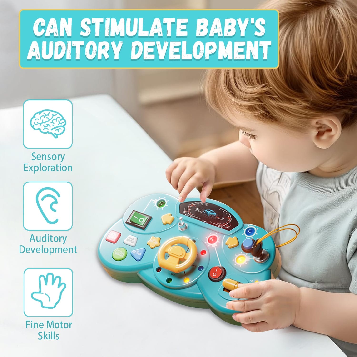 Fidtoy Busy Switch Light Car Console Board B50 for Toddlers – Interactive Steering Wheel Busy Board with LED Lights, Vehicle Sounds & Fine Motor Play