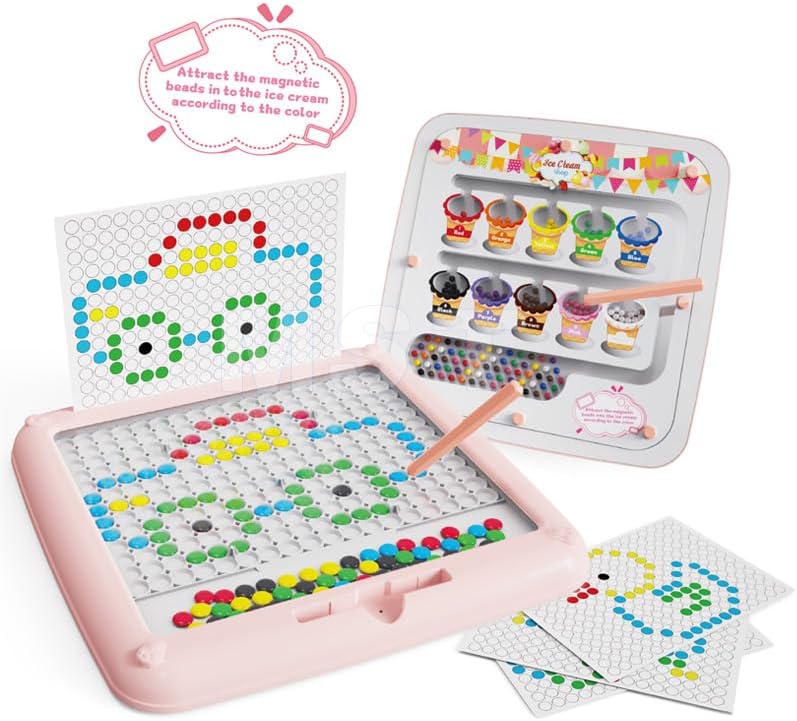 Fidtoy Pink 2in1 Magnetic Bead Maze Color Sorting and Drawing Board, Plastic Double-Sided Magnetic Maze and Doodle Board, Color Counting Fine Motor Travel Toy Ages 3+