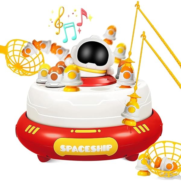 Fidtoy 2in1 Magnetic Fishing and Catching Rocket Launcher Turntable , Plastic Space-Themed Rocket Catching Game with Magnetic Fishing, Hand Eye Coordination Toy Ages 3+