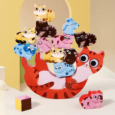 Fidtoy Wooden Kitten Balance 14 Pieces Learning Toy Montessori Animal Stacking Game for Kids Ages 3+