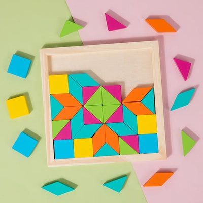Fidtoy Wooden Geometrical Shapes Pattern Tangram Puzzle Montessori Color Shape Learning Toy for Kids Ages 2 to 6