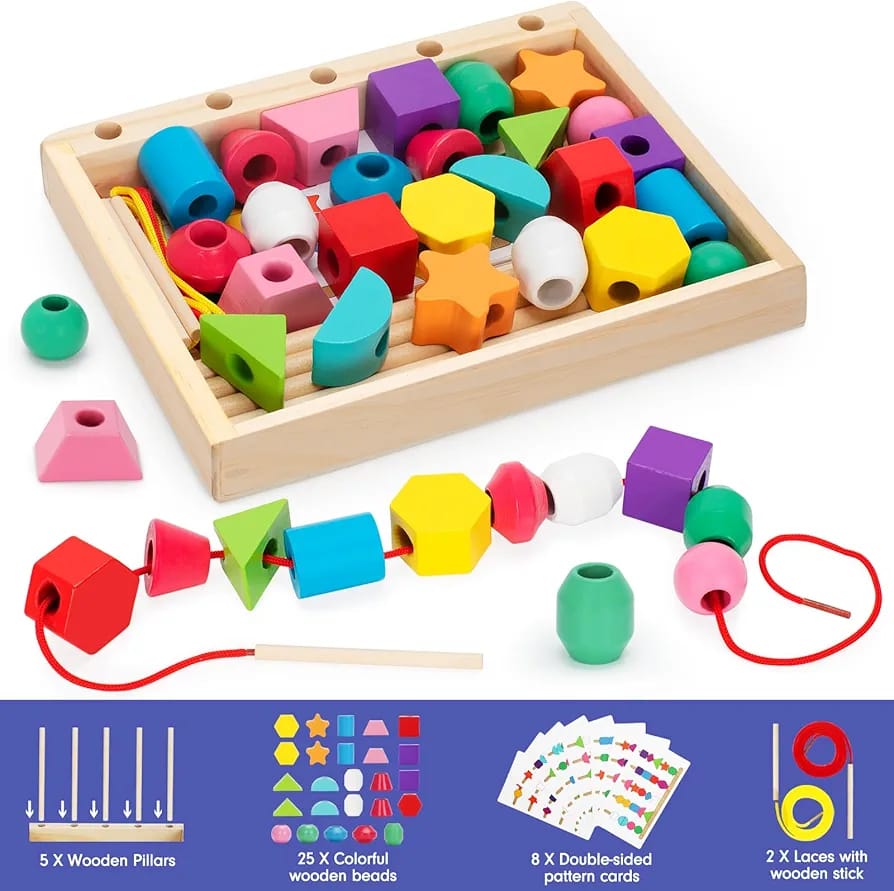Fidtoy Wooden Bead Lacing Kit Montessori Shape Sorting Toy for Toddlers | Color Matching, Stacking Columns, Sequencing Cards & Fine Motor Learning Toy Age 3+
