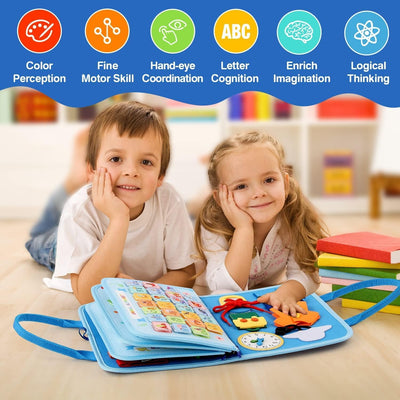 Fidtoy Busy Dinosaur Learning Sensory Fine Motor Book  for Toddlers – 5 Double-Sided Montessori Busy Book with Buckles, Zippers, Numbers, Letters & Weather Activities