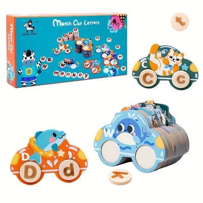 Fidtoy Wooden Animal Letters Car Cognitive Matching Card for Kids | Alphabet Spelling Car Game, Animal Recognition, Letter Learning, Word Matching, Fine Motor & Parent-Child Toy Age 3+