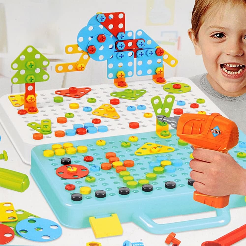 Fidtoy Creative Electric Drill Mosaic Pattern Puzzle Tool Kit for Kids 252PCS STEM Construction Building Toy with Electric Drill & Colorful Screws Ages 4-8