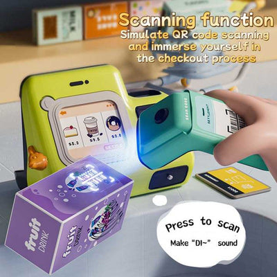 Fidtoy Jeu d'Imitation 3-en-1 Multifonctionnel avec Caisse Enregistreuse et Café, Machine à Café, Réfrigérateur et Caisse Enregistreuse en Plastique pour Enfants, Jeu de Rôle Cuisine et Shopping pour Enfants de 3 ans et plus