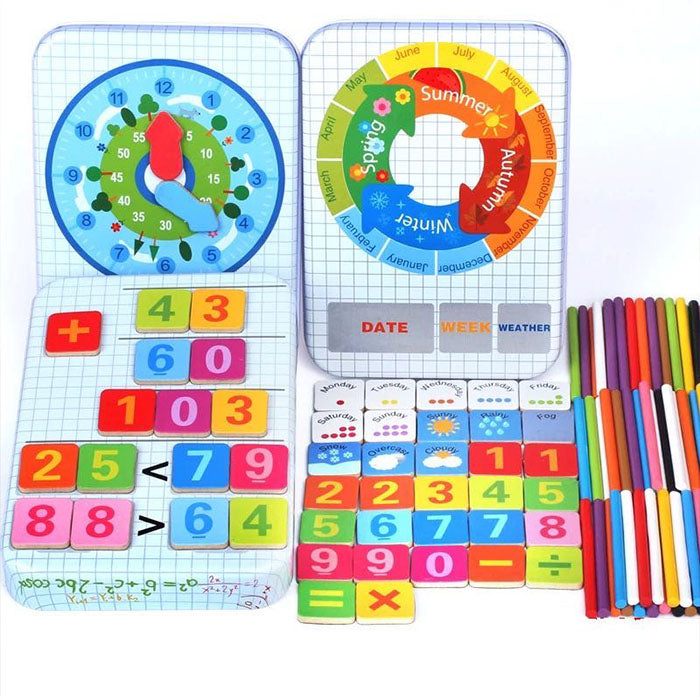 Juguetes Montessori de madera 4 en 1 para niños pequeños - Palos de conteo matemático Números magnéticos