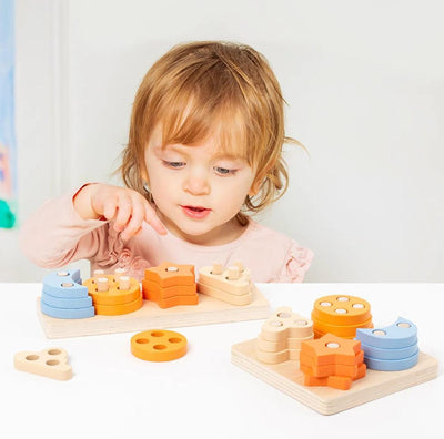 Fidtoy Wooden Star and Crescent Shape Sorting Column Montessori Stacking Board Shape Sorter Toy for Toddlers