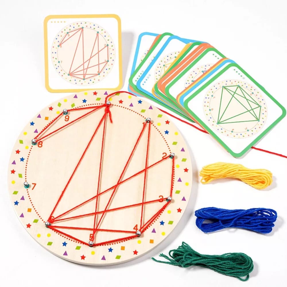 Fidtoy Wooden Geoboard Thread Winding Pattern Kit Montessori Lacing Board with 20 Double-Sided Cards and 3 Threads for Kids Ages 3+