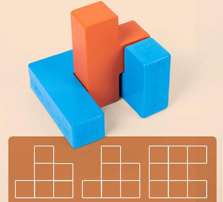 Fidtoy Shape Matching Cube Building Blocks for Kids Ages 3-8, Wooden Pattern Matching Puzzle Game with Orange and Blue Blocks, 54 Model Cards, Spatial Reasoning and Fine Motor Building Play