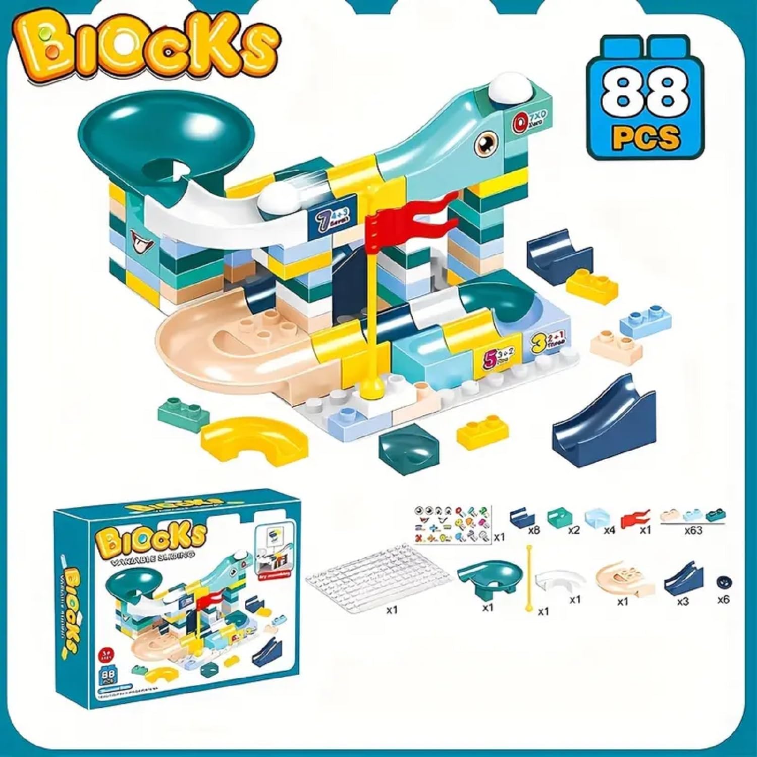 Fidtoy Variable Slide Way Assembly Building Blocks 88 Pieces for Kids | Plastic Marble Run Construction Set, Rolling Ball Track, Glow-in-the-Dark Marbles, STEM Building & Parent-Child Engineering Toy Age 4+