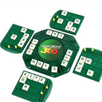 Fidtoy 360 Word Spell Crossword Game for Ages 10+, Plastic Rotating Letter Tile Board Game with 100 Letter Tiles, 4 Player Boards, Scoring Pegs, Family Word Strategy Game for 2-4 Players