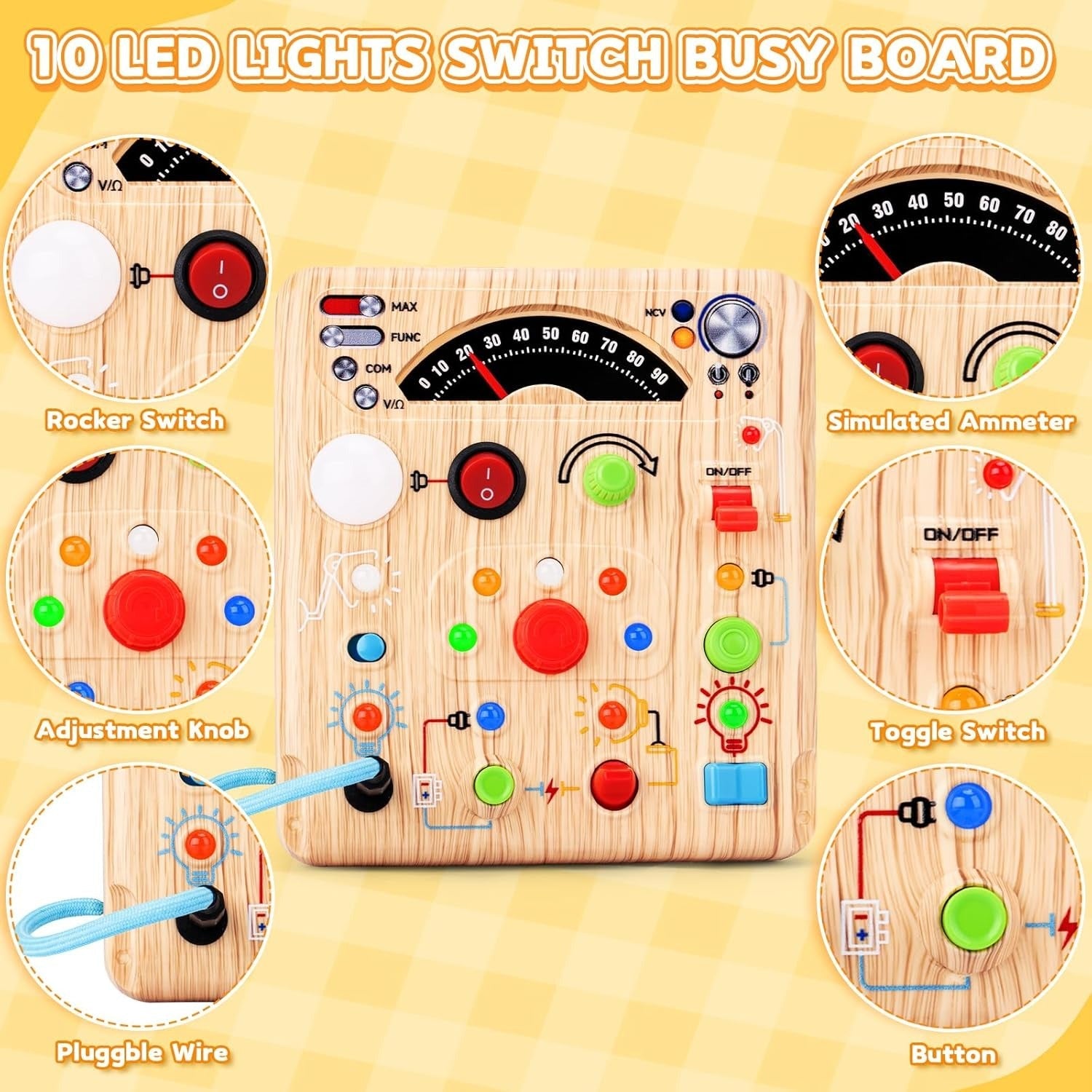Fidtoy LED Simulated Ammeter Wooden Busy Board for Toddlers Light Switch STEM Activity Toy
