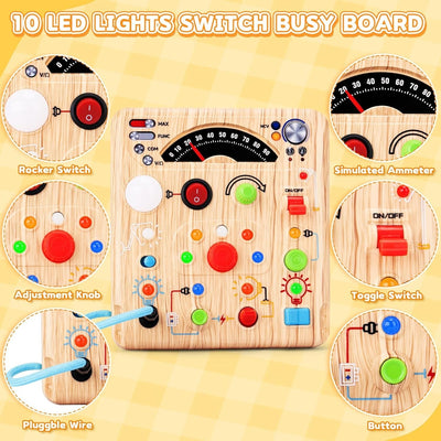 Fidtoy LED Simulated Ammeter Wooden Busy Board for Toddlers Light Switch STEM Activity Toy
