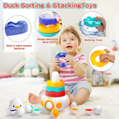 Fidtoy Jouet Culbuto Canard 2-en-1 et Jeu d'Association d'Œufs, Blocs de Construction Canard en Plastique avec 6 Œufs à Assortir, Jouet d'Apprentissage Sensoriel pour la Motricité Fine, 12 Mois et Plus
