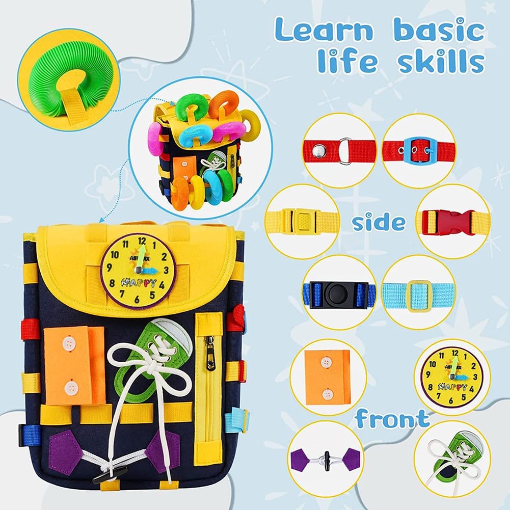 Fidtoy Toddler Busy Kit with Pop Tubes Backpack | Cloth Busy Board Backpack, Montessori Dressing Skills Toy, Pop Tube Shape Building, Fine Motor Skills & Travel Learning Toy Age 3+