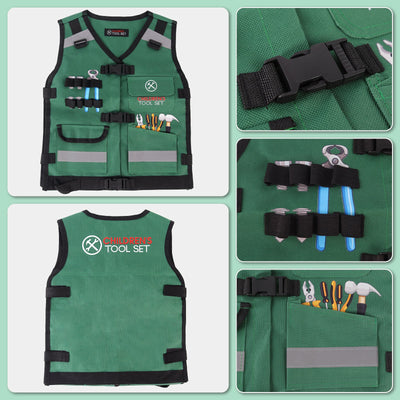 Juego de ropa de juego de rol de construcción, disfraz de juego de rol, chaleco de constructor realista, casco de seguridad, herramientas de juguete y accesorios, kit de juego de simulación STEM para niños y niñas de 3 años en adelante - Regalo de disfraz