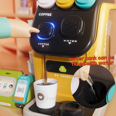 Fidtoy Jeu d'Imitation 3-en-1 Multifonctionnel avec Caisse Enregistreuse et Café, Machine à Café, Réfrigérateur et Caisse Enregistreuse en Plastique pour Enfants, Jeu de Rôle Cuisine et Shopping pour Enfants de 3 ans et plus