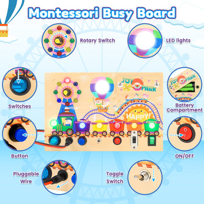 Fidtoy Montessori Wooden Busy Board -Light-Up Sensory Activity Toy for Toddlers, Fine Motor Skills Learning Toy for Ages 1-4, Travel-Friendly Fidget Board for Boys & Girls