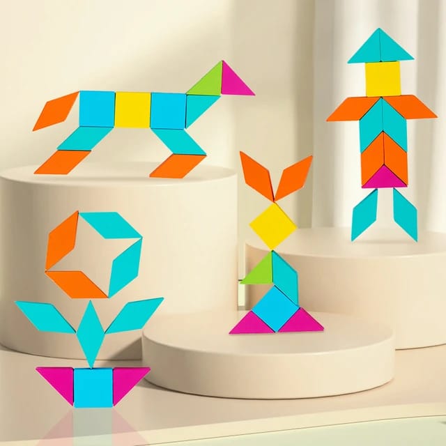 Fidtoy Wooden Geometrical Shapes Pattern Tangram Puzzle Montessori Color Shape Learning Toy for Kids Ages 2 to 6