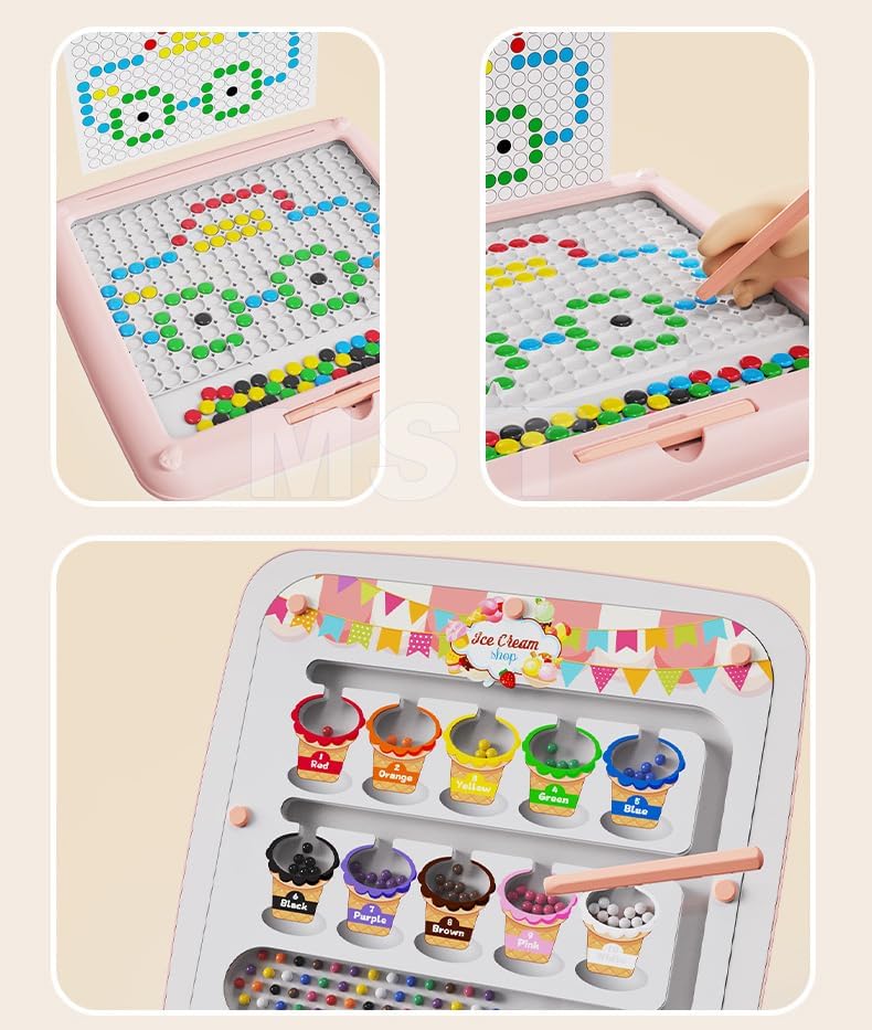 Fidtoy Pink 2in1 Magnetic Bead Maze Color Sorting and Drawing Board, Plastic Double-Sided Magnetic Maze and Doodle Board, Color Counting Fine Motor Travel Toy Ages 3+