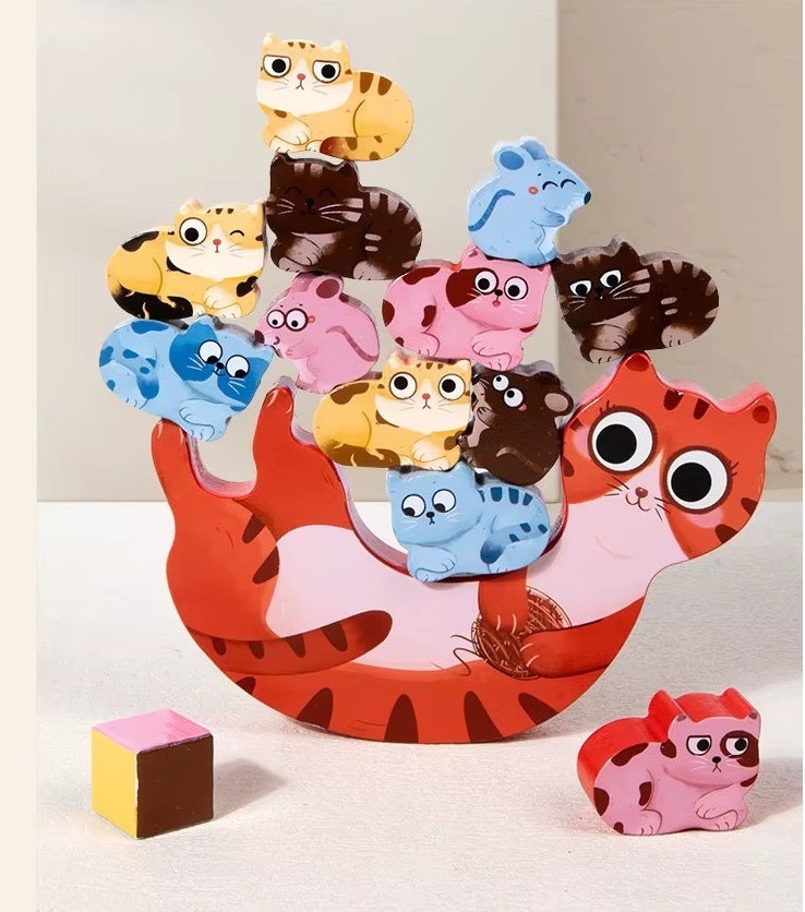Fidtoy Wooden Kitten Balance 14 Pieces Learning Toy Montessori Animal Stacking Game for Kids Ages 3+