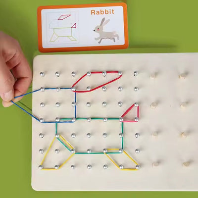 Fidtoy Wooden Geo Montessori Bands and Pattern Cards with Drawing Card Geoboard Shape Building Toy for Kids Ages 2 to 6