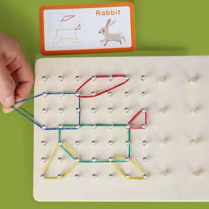 Fidtoy Wooden Geo Montessori Bands and Pattern Cards with Drawing Card Geoboard Shape Building Toy for Kids Ages 2 to 6