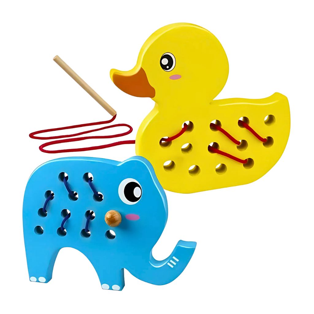 Set d'enfilage canard et éléphant en bois