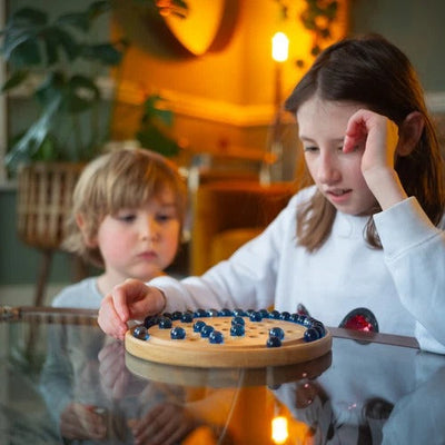 Fidtoy Solitaire Wooden Game with Marble Balls for Kids Ages 5+, Classic Wooden Strategy Board Game with 33 Blue Glass Marbles, Instructions and Coffee Table Puzzle Play