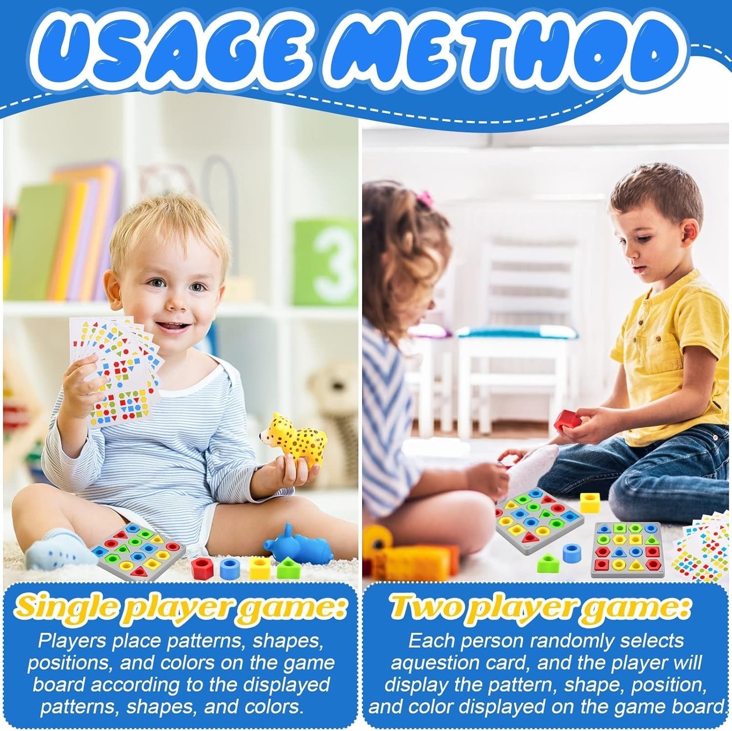 Fidtoy Shape Matching Challenge Pattern Game Multiplayer for Kids Ages 3-8, Plastic Geometry Matching Board with Colorful Shapes, Challenge Cards