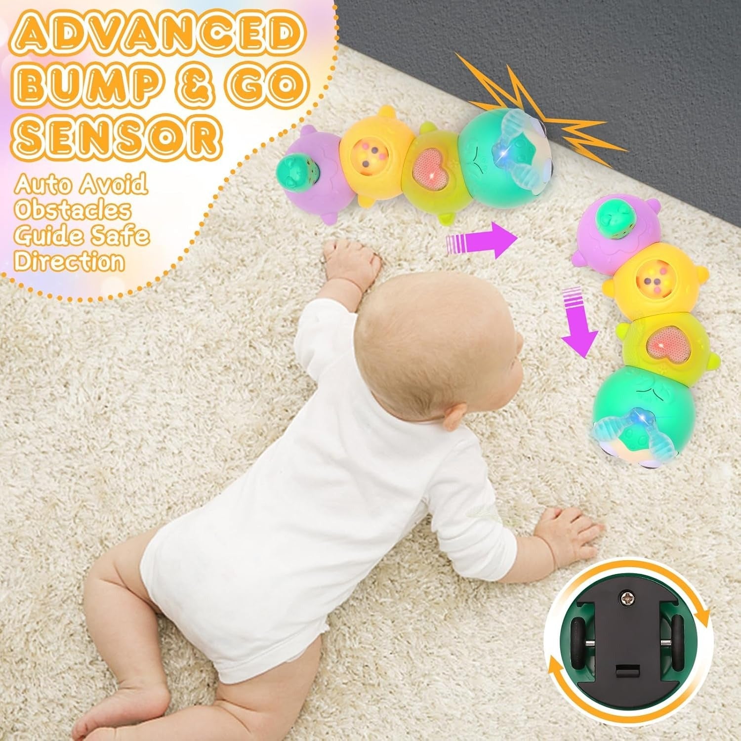 Fidtoy Magnetic Cute Electric Caterpillar Baby Toy with Light Sound for Babies Crawling Sensory Play Age 6M+